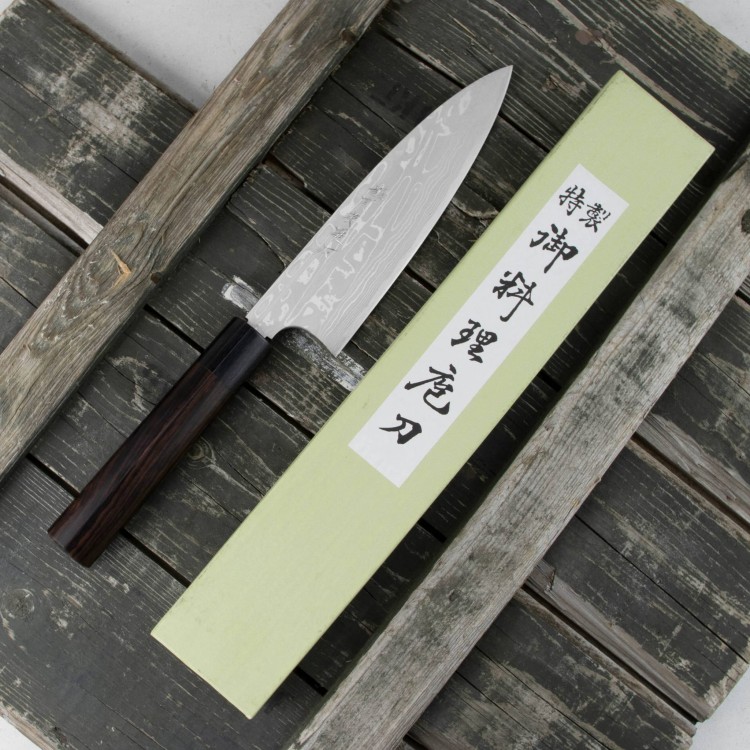 Hideo Kitaoka Shirogami Satin Damascus Nóż Funayuki 18cm