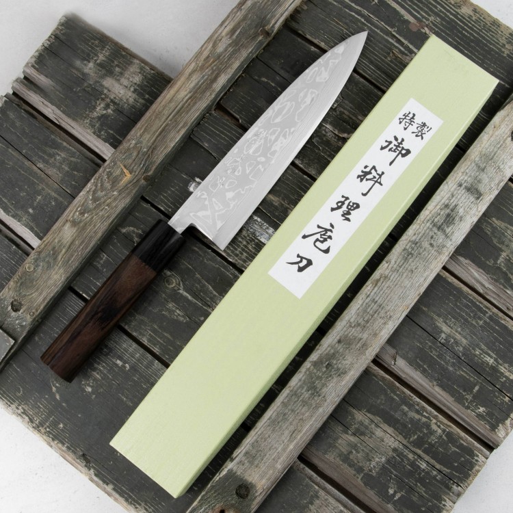 Hideo Kitaoka Shirogami Satin Damascus Nóż Miroshi Deba 21cm