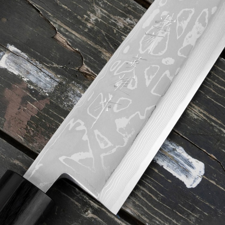 Hideo Kitaoka Shirogami Satin Damascus Nóż Miroshi Deba 21cm